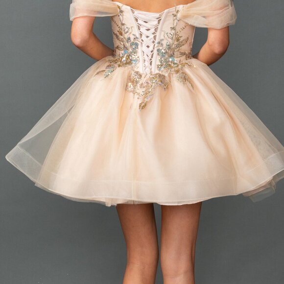 New Champagne Sequins Embellished Homecoming Tulle Gown w/ Lace Up Back DQ 3423 - Picture 8 of 8